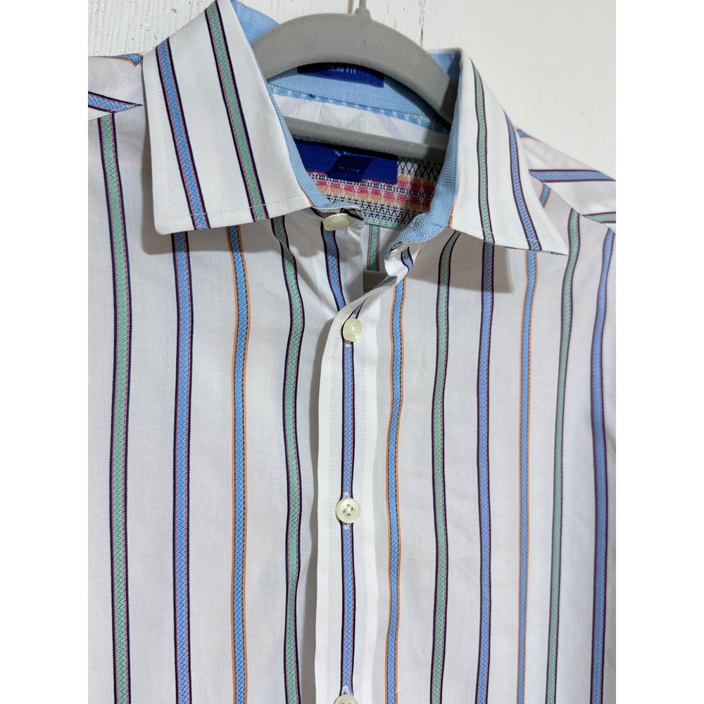 Egara Mens Slim Fit Button Down Shirt White Multi Color Stripe Cotton Medium